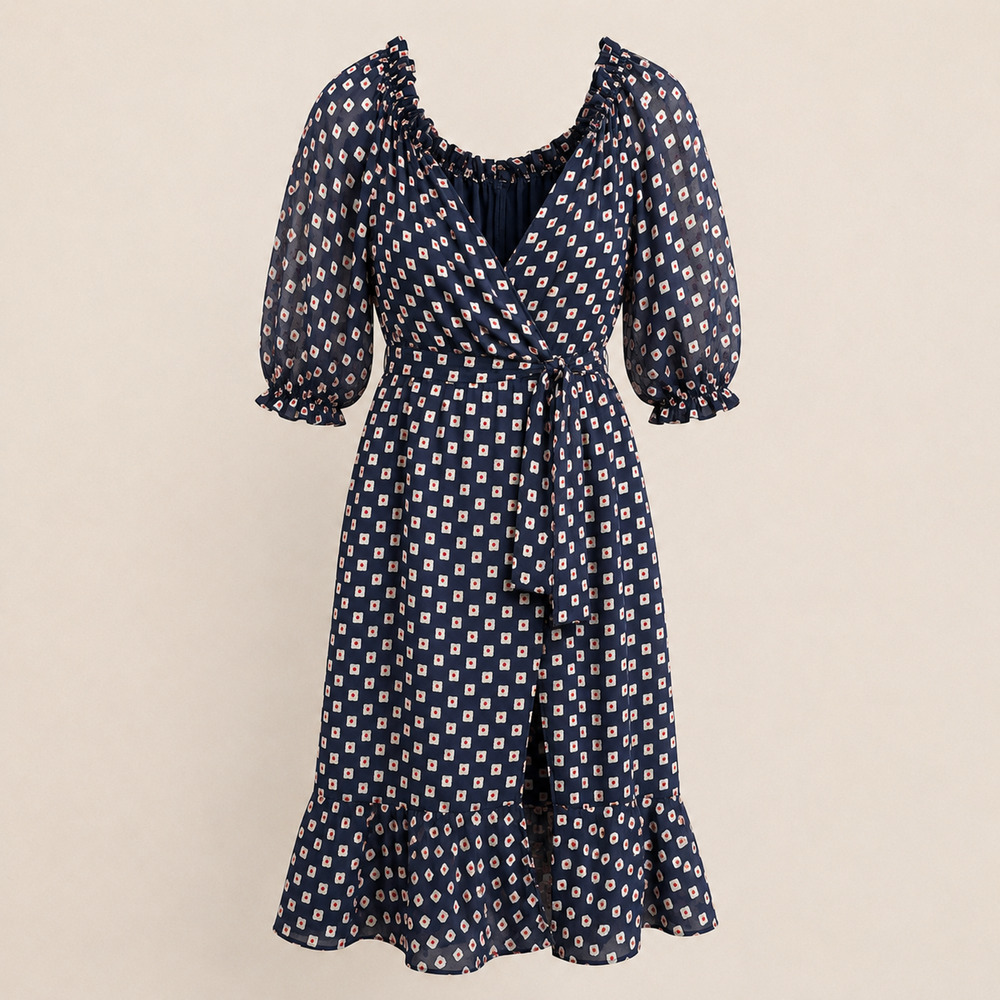 SALONI Olivia Printed Devoré Silk Blend Wrap Midi Dress Navy Geometric Womens 6